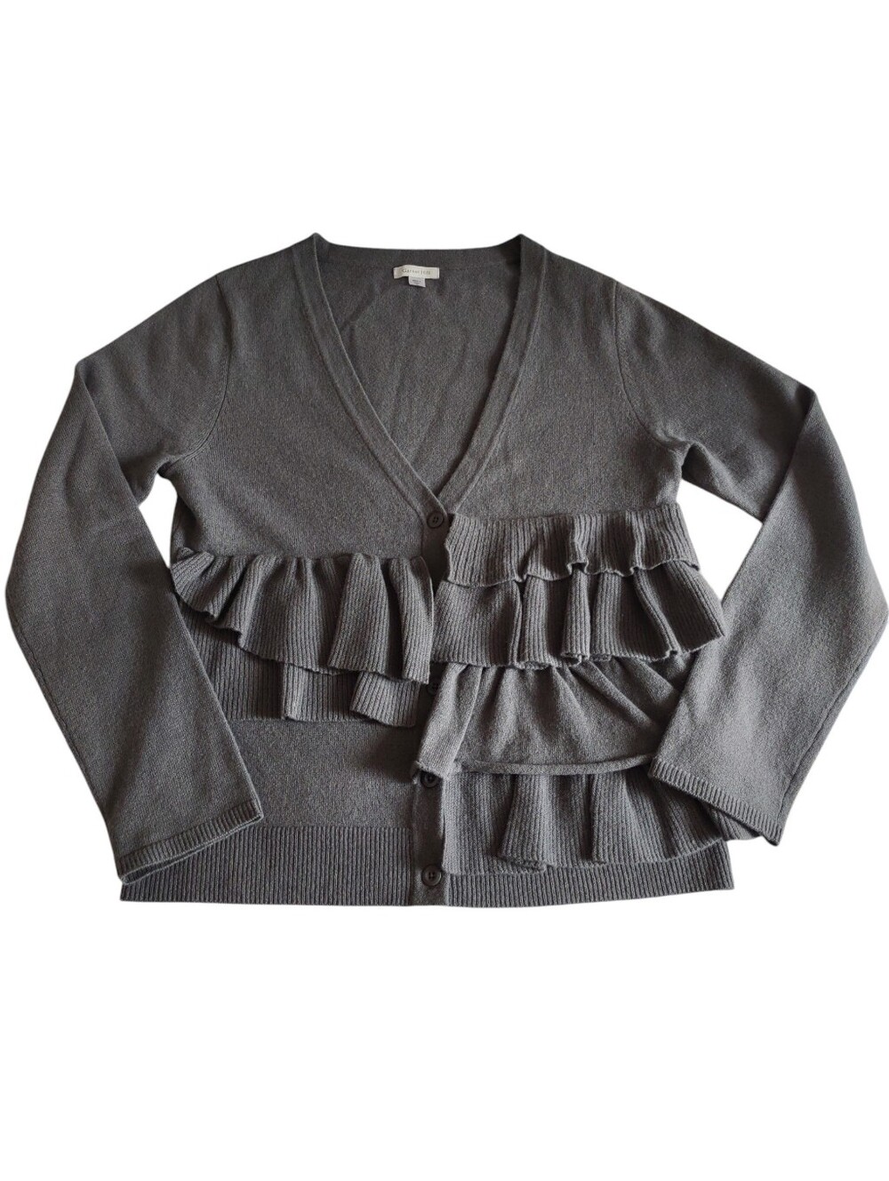 Garnet Hill Medium Wool Grey V-Neck Tiered Ruffle Sweater